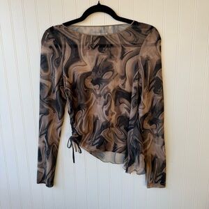 Abstract Swirl Mesh Top Y2K Dark Feminine Ruched Sheer Long Sleeve